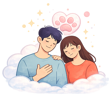 Illustration of a couple with a heart and paw above